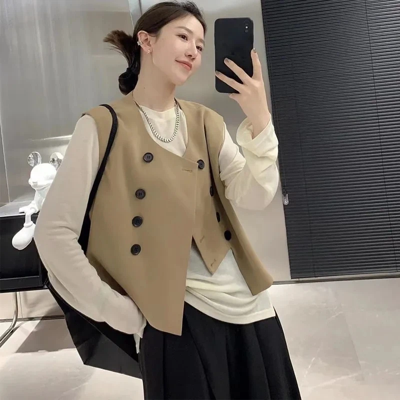 

Fashion Suit Waistcoat Female Spring Autumn 2023 New Sleeveless Tops Short Irregularity Double-breasted Solid Color Vest Women