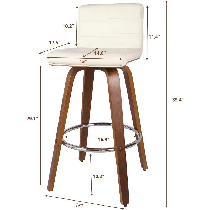 Taburete de bar giratorio de 29 pulgadas con respaldo, juego de 2, taburetes de bar tapizados de cuero PU modernos de mediados de siglo, sillas de bar de madera curvada