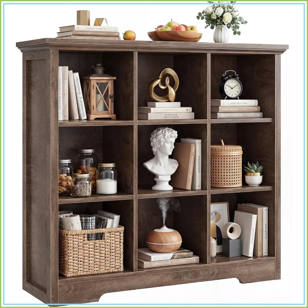 Wooden 9-Cube Storage Organizer with Charging Ports, 4-Tier Open Bookshelf, Cracked Oak