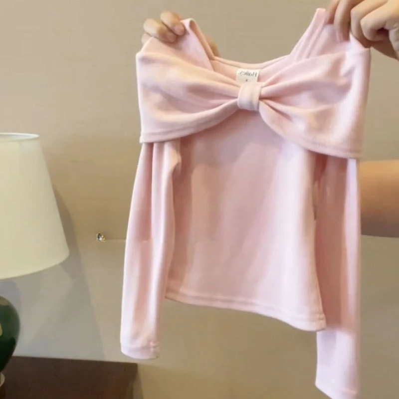 Bow One Shoulder T-shirt Spring 2025 New Korean Fashion Cute Sweet Buttful-knot Solid Color Simple and All-match T-shirt