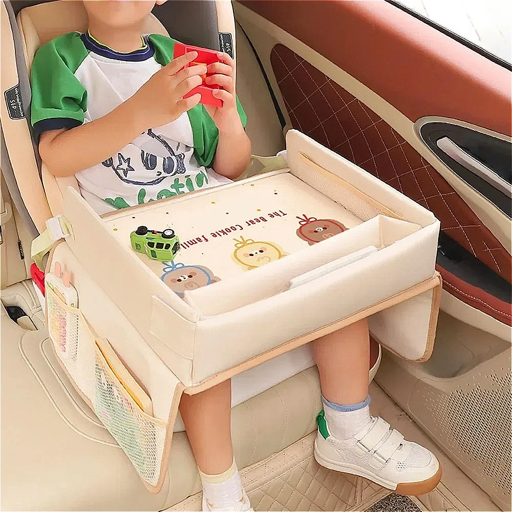Foldable Kids Car Seat Tray with Storage, Snack Table & Drawing Board, Waterproof Travel Organizer for Child Backseat Dining