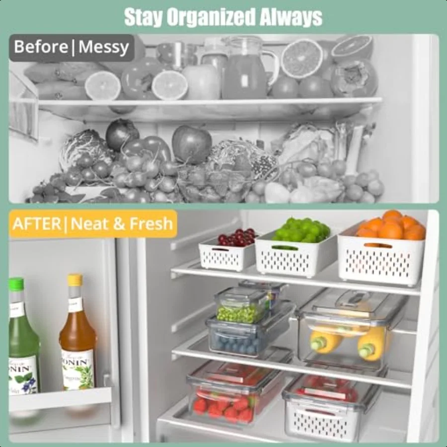 5 Pcs Fruit Storage Containers For Fridge with Removable Colander and Handle Lid Refrigerator Organizers and Storage Airtight C