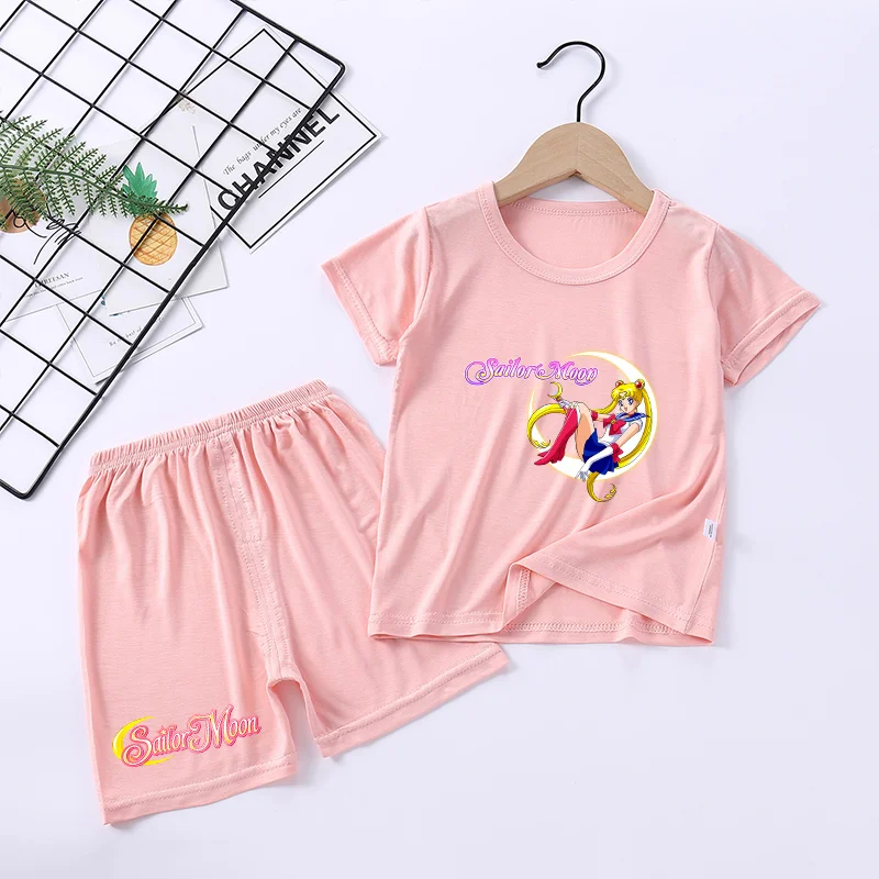 Sailor Moon Pajamas Set Cartoon Girls Summer T-shirt Pants Suit 2pcs Clothes Pink Anime Printed Nighty Comfortable Loungewear