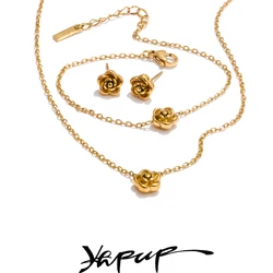 Yhpup Chic Stainless Steel Rose Flower Chain Necklace Bracelet Earrings Set Gold & Platinum PVD Waterproof Plated Daily Jewelry