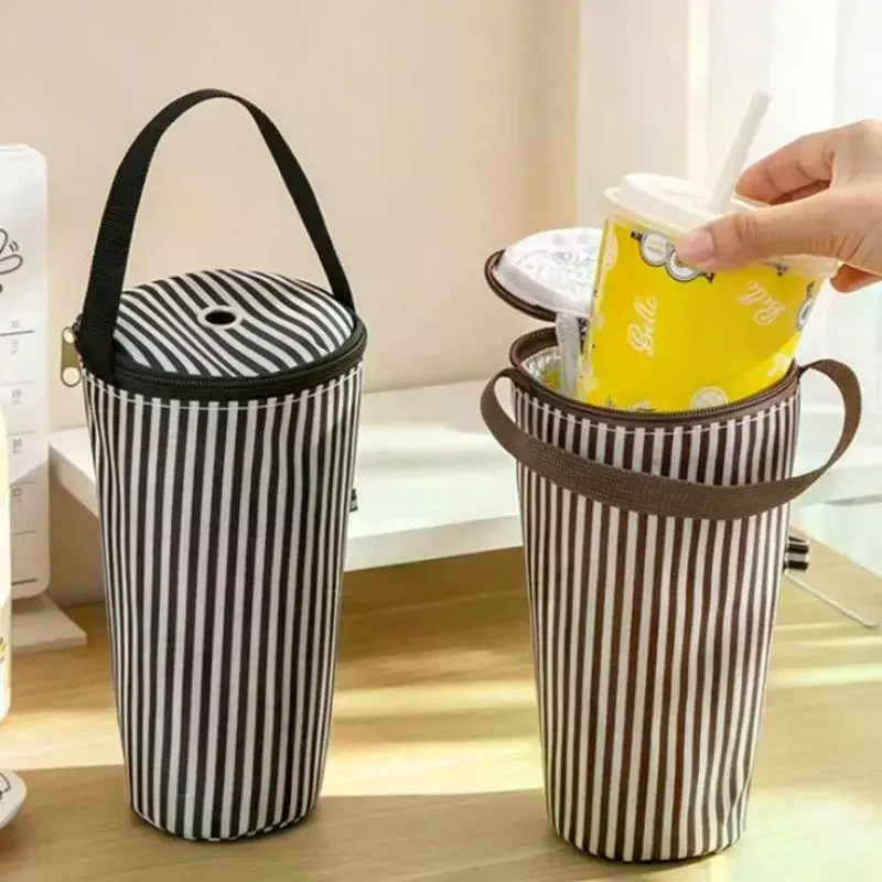 Insulated Tumbler Carry Bag Striped Pattern with Handle Thermal Lining for Commuting Camping Outdoor Use