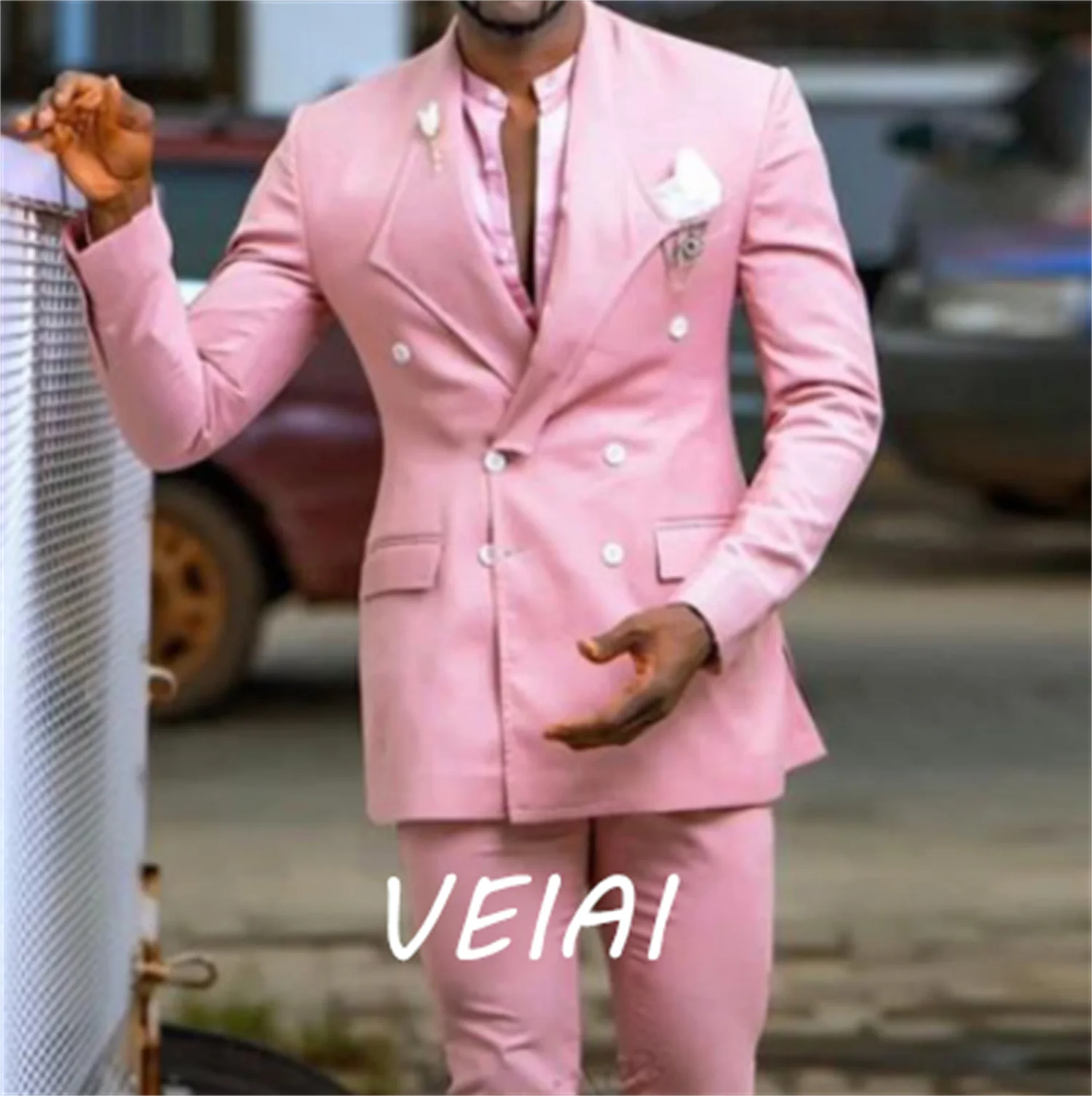 

CustomizedPink Slim fit Prom Men Suits with Double Breased 2 Piece Custom Groom Tuxedo Peaked Lapel African Man Fashion Costume