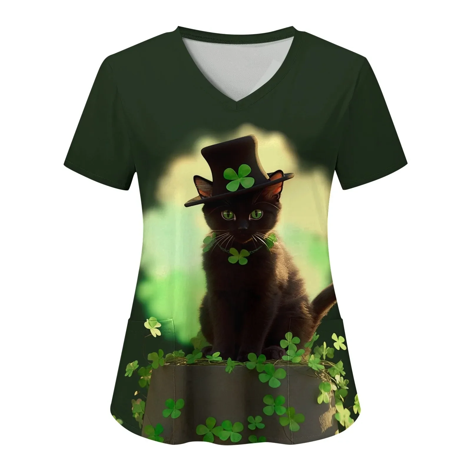 

St Pat's Women Working Uniform Animal Print Cartoon Cat Short Sleeve V-neck Tops Femme Blouse Nurse work wear Medical Uniforms