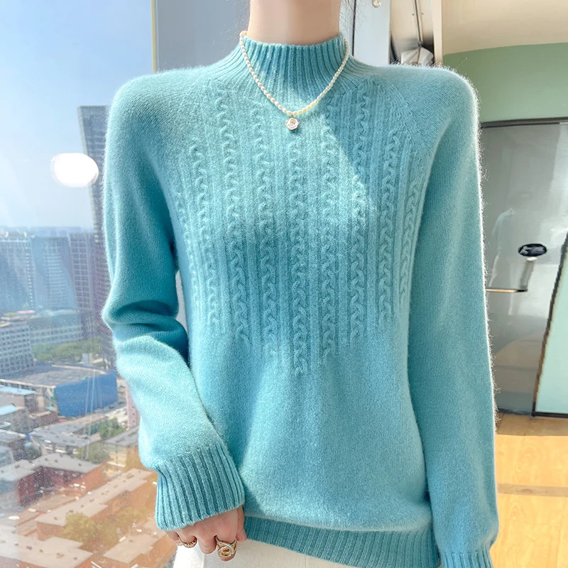 Autumn/Winter new Women's sweater 100% Merino cashmere half-turtleneck pullover Fashion Twist floral warm base knit shirt