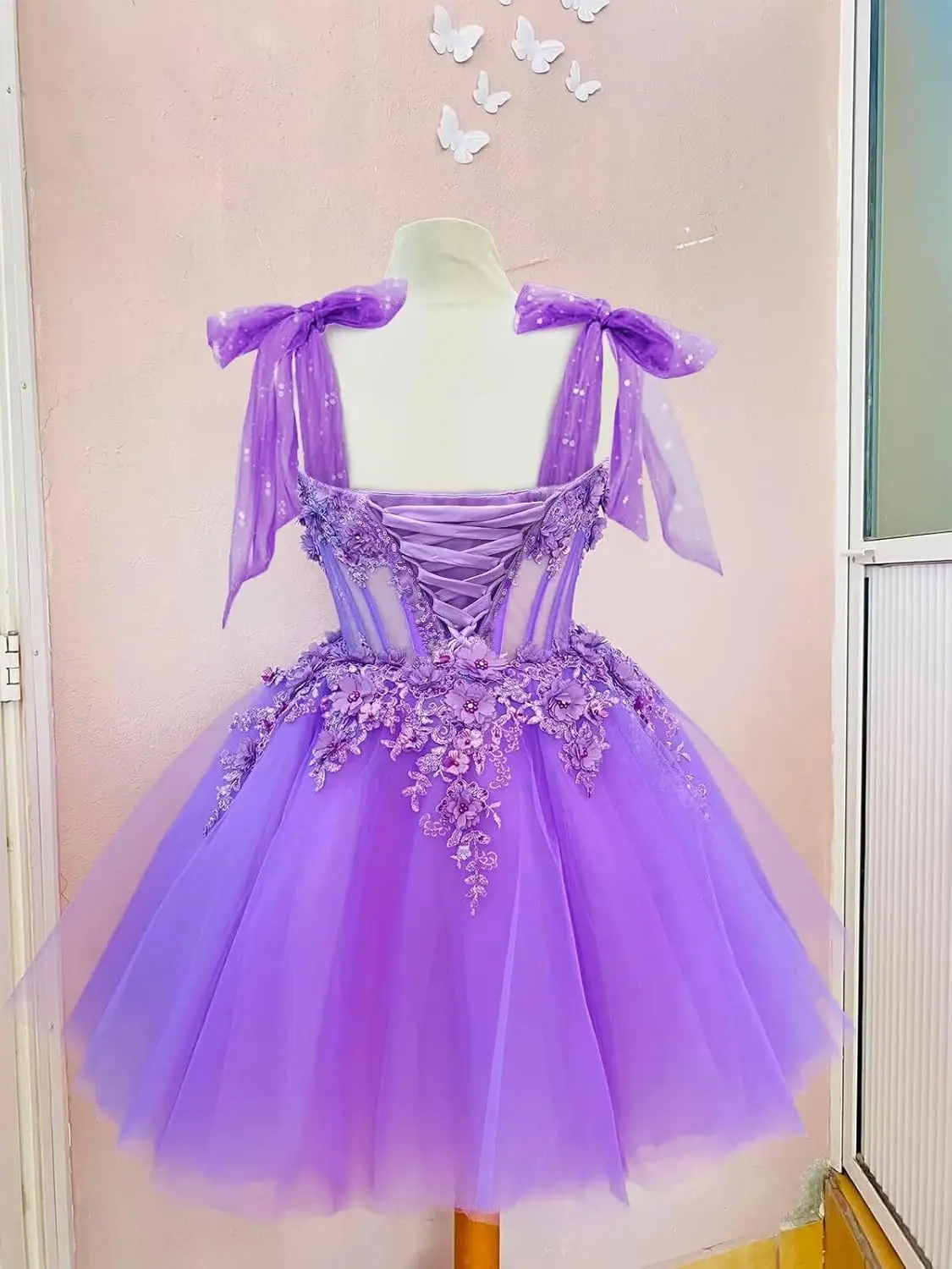 Bretelles Spaghetti robes de soirée pour adolescents fleur 3D robe de bal courte paillettes Quinceanera DAMA robes au-dessus du genou, Mini