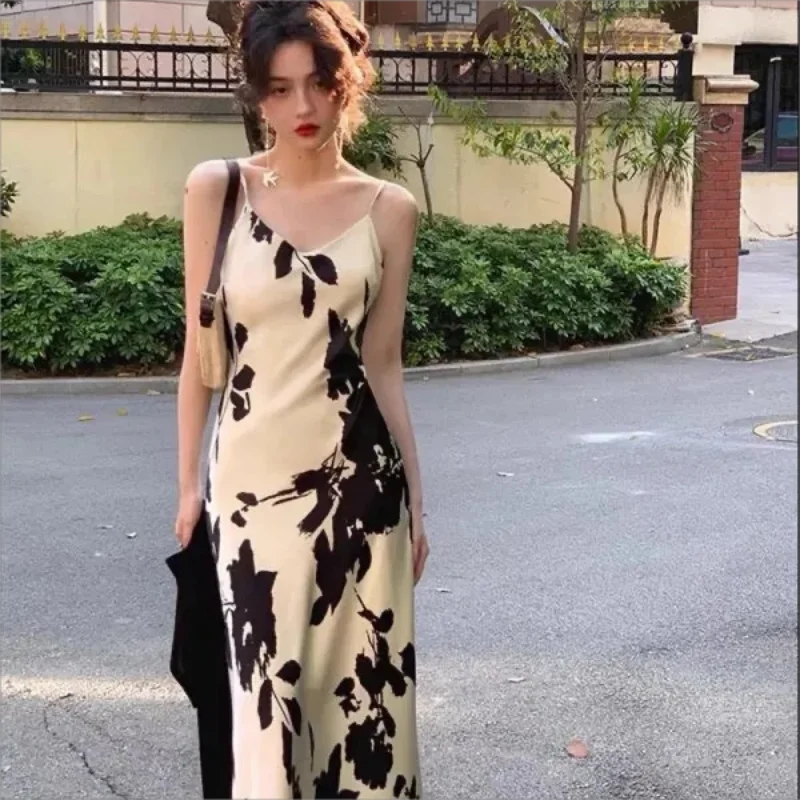 Ink style Printing Slip Dress summer Dress 2024 New National Style Skirt High Waist Women slim Dress