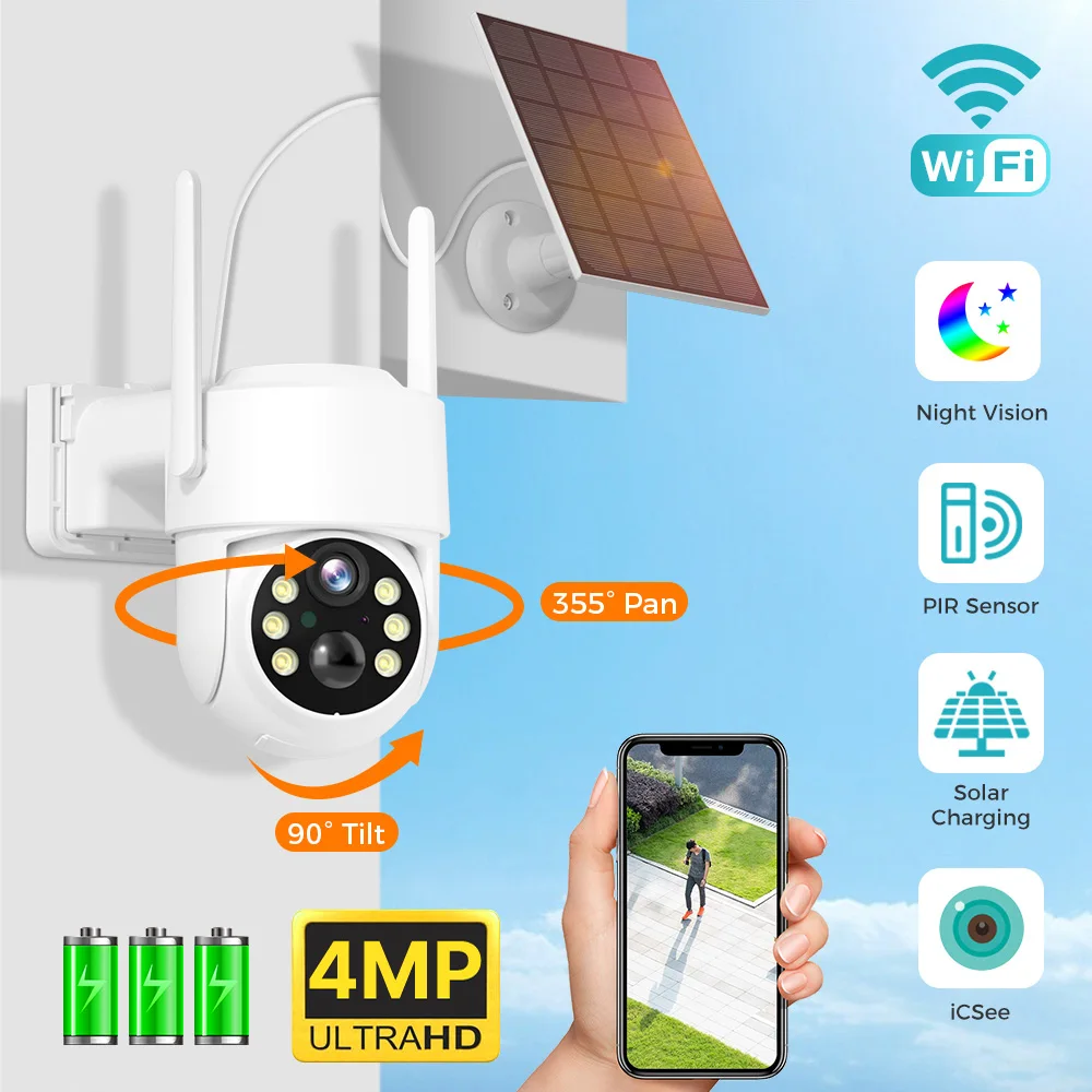 Hiseeu 4MP Wireless Security Camera with Solar Panel 2K HD Resolution PIR Motion Detection 2-Way Audio Night Vision 2.4GHz WiFi