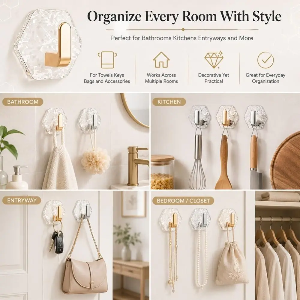 5Pcs Hexagonal Shape Self Adhesive Hooks Water Ripple Texture Waterproof Wall Hooks Removable Heavy Duty No Drill Hooks