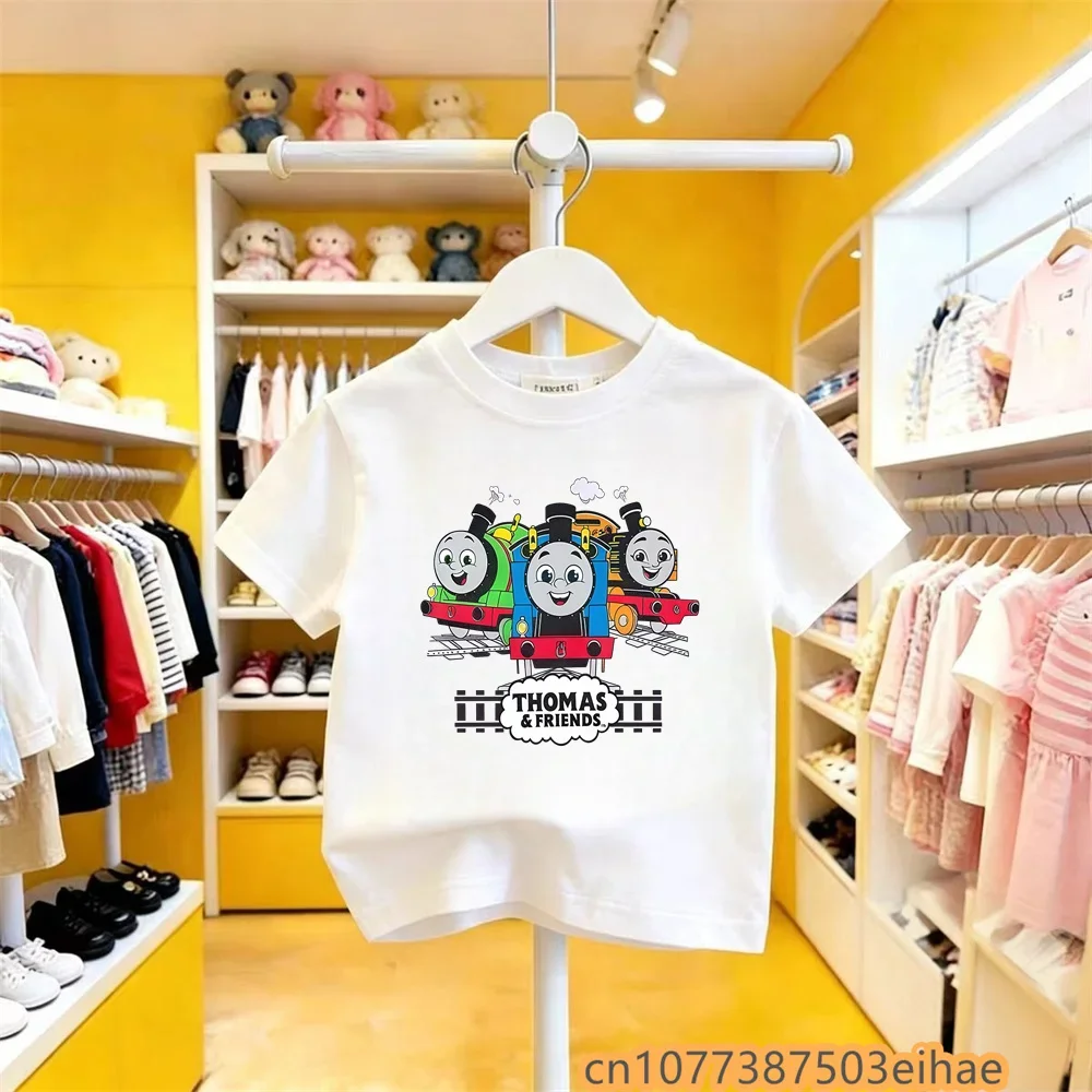 T-shirt d'été en pur coton, motif dessin animé Thomas Train, manches courtes, Y2K, mignon et amusant, pour petits garçons et filles, à porter toute la journée