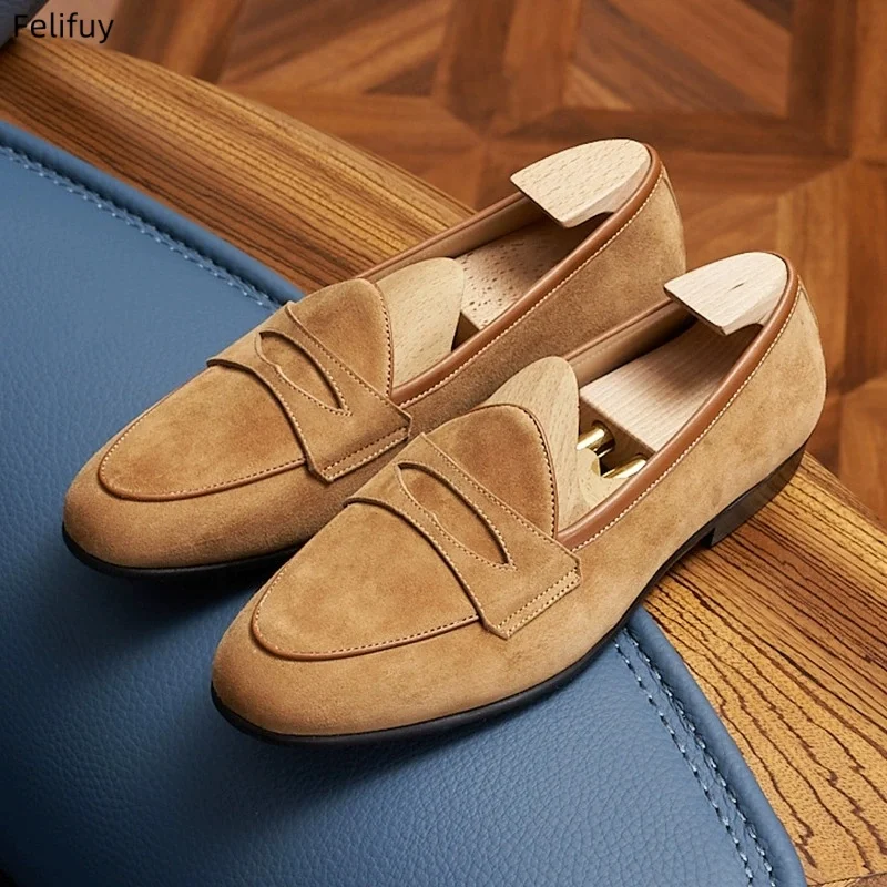 

Коричнево-бежевые мужские лоферы из натуральной замши, ретро-модель, повседневные туфли без шнурков, мужские классические туфли, свадебные туфли для мужчин