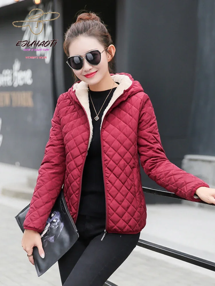 Women\'s Jacket 2024 New Parkas Winter Korean Fashion Slim Check Hooded Binding Off Warm Cotton Clothes Oversize Women Coat Tops