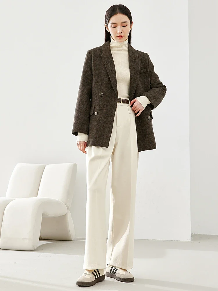 Vimly-Blazer matelassé en mélange de laine pour femme, veste à col cranté, optique à double boutonnage, pardessus féminin combiné, 53.2% laine,