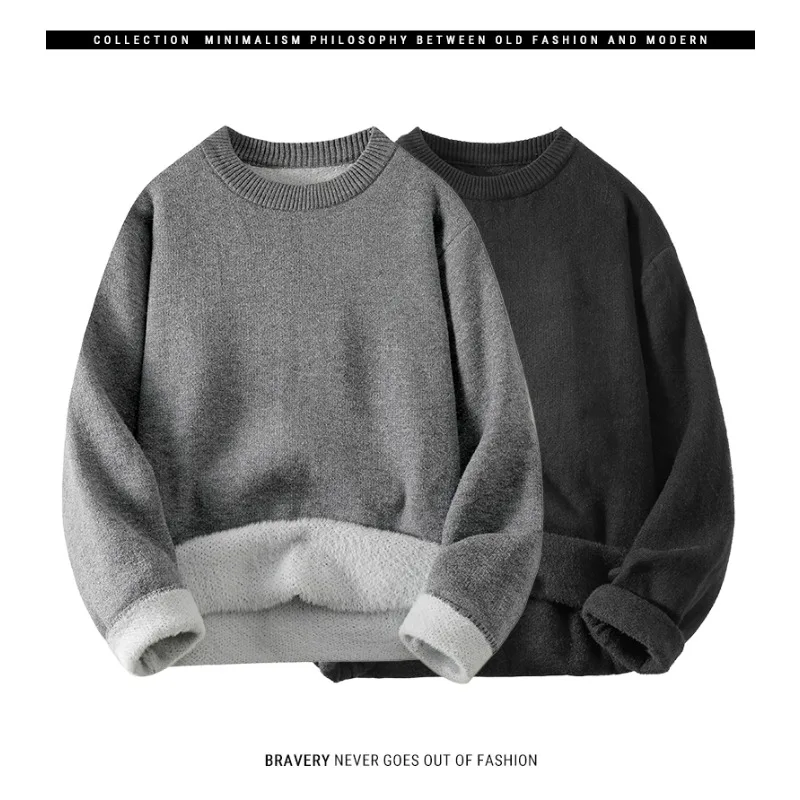 

Mens Fleece and Thickened Sweater New Winter Style Simple Versatile Round-neck Pullover Knitted Sweater Solid Color Warm Sweater