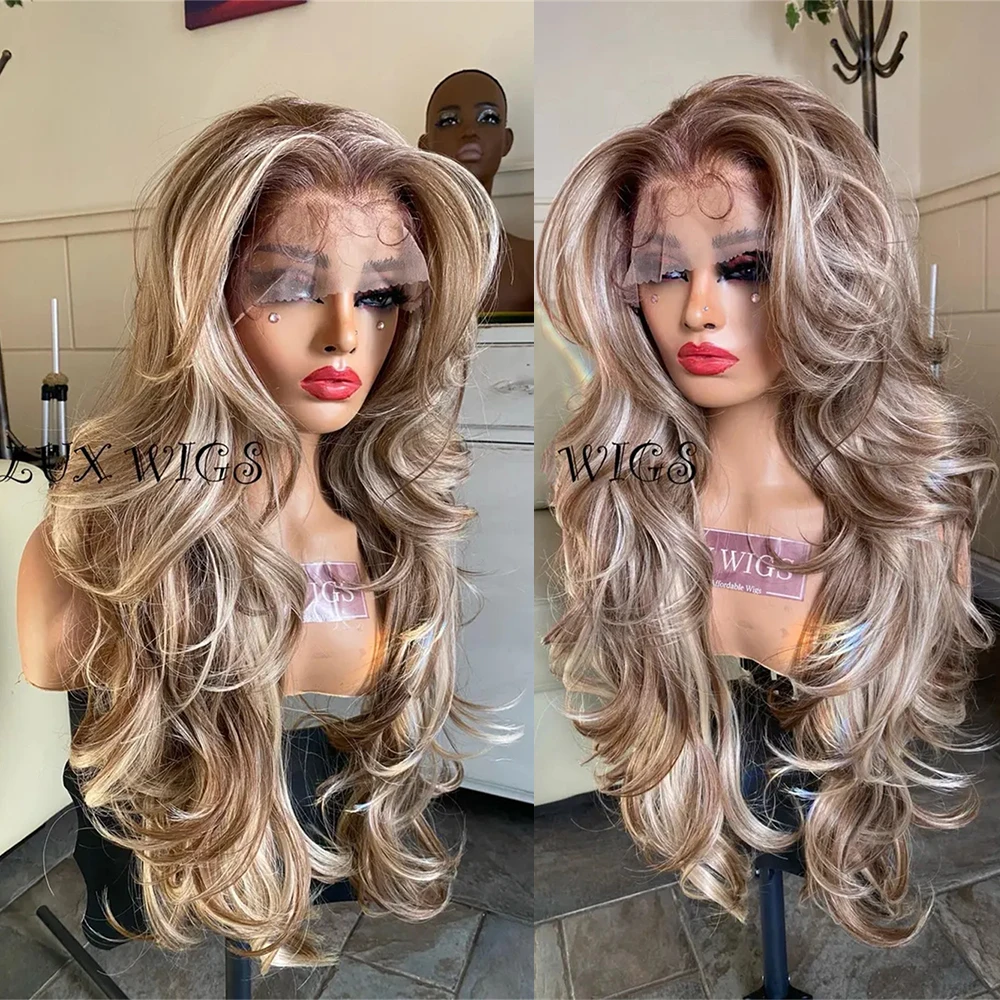 Long 30 Inch Blonde Balayage Wig 13x4 Lace Frontal Medium Dark Blonde Hair with Brown Lowlights Heat Resistant Synthetic Wig