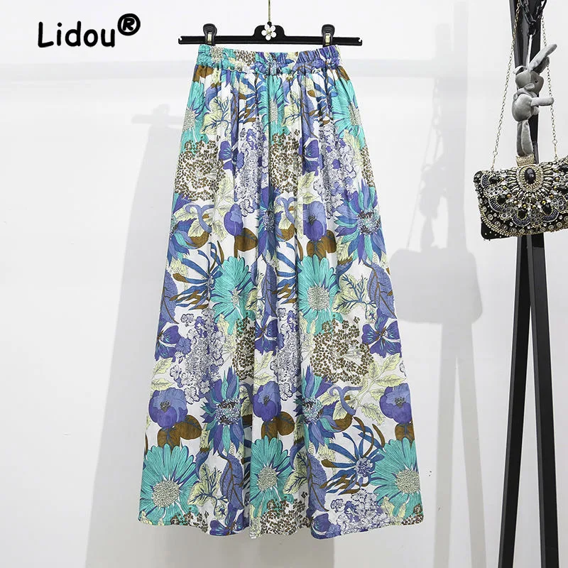 Summer Fashion Korean Version High Waist Slim A-line Pleated Skirt with Ethnic Style All-match Printed Half Length Skirt Women