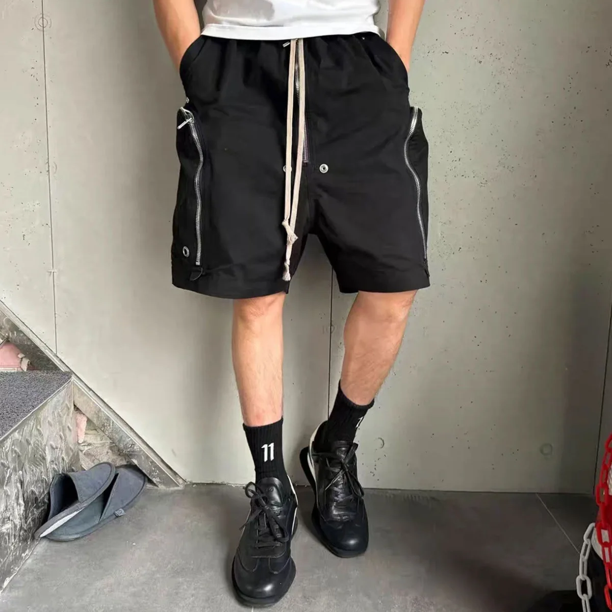 

Men’s Dark Goth Cargo Shorts Stylish Zipper Pockets Loose Fit Hip Hop Streetwear Black Bullet Pocket Shorts