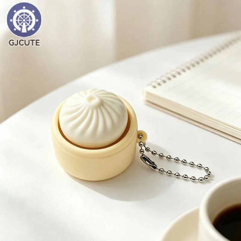 Cute Mini Steamed Bun Clicker Keychain Stress Relief Fidget Toy Soft Squeeze Decompression Keyring for Adults Bag Decor Gift