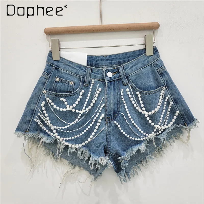 

Street Denim Shorts Female 2024 Summer New High Waist Heavy Industry Rhinestone Fringed Burr Wide Leg Hot Pants Shorts for Women