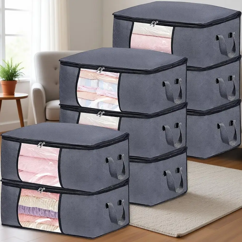 

Набор из 8 сумок для хранения на молнии объемом 45 л с прозрачным окном для одеял, постельного белья и предметов первой необходимости для общежития, серый цвет