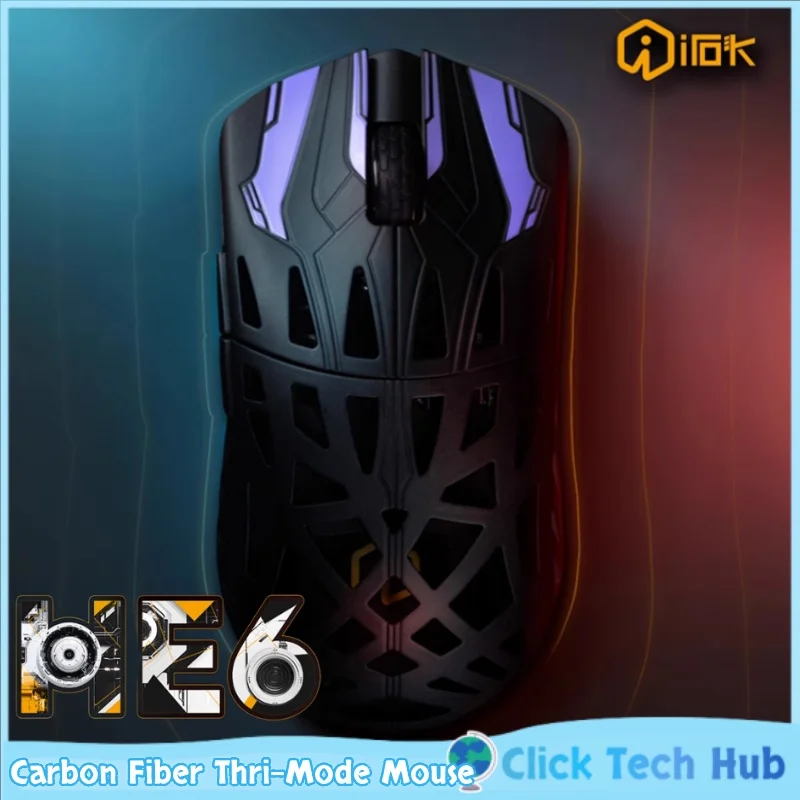 

IROK He6 Carbon Fiber Thri-Mode Wireless Mouse Hollowed Out TTC Paw3950 Lightweight E-Sports Game Mouse Bluetooth Office Mouse