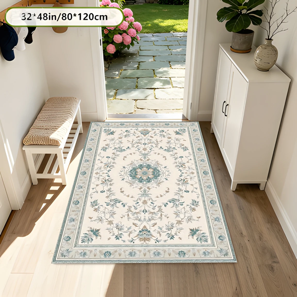 2D Large Rug with Light Background, Retro Floral and Scroll Pattern, French Light Luxury Style, Suitable for Living Room and Bedroom, One-Click Refresh for Autumn and Winter Decoration