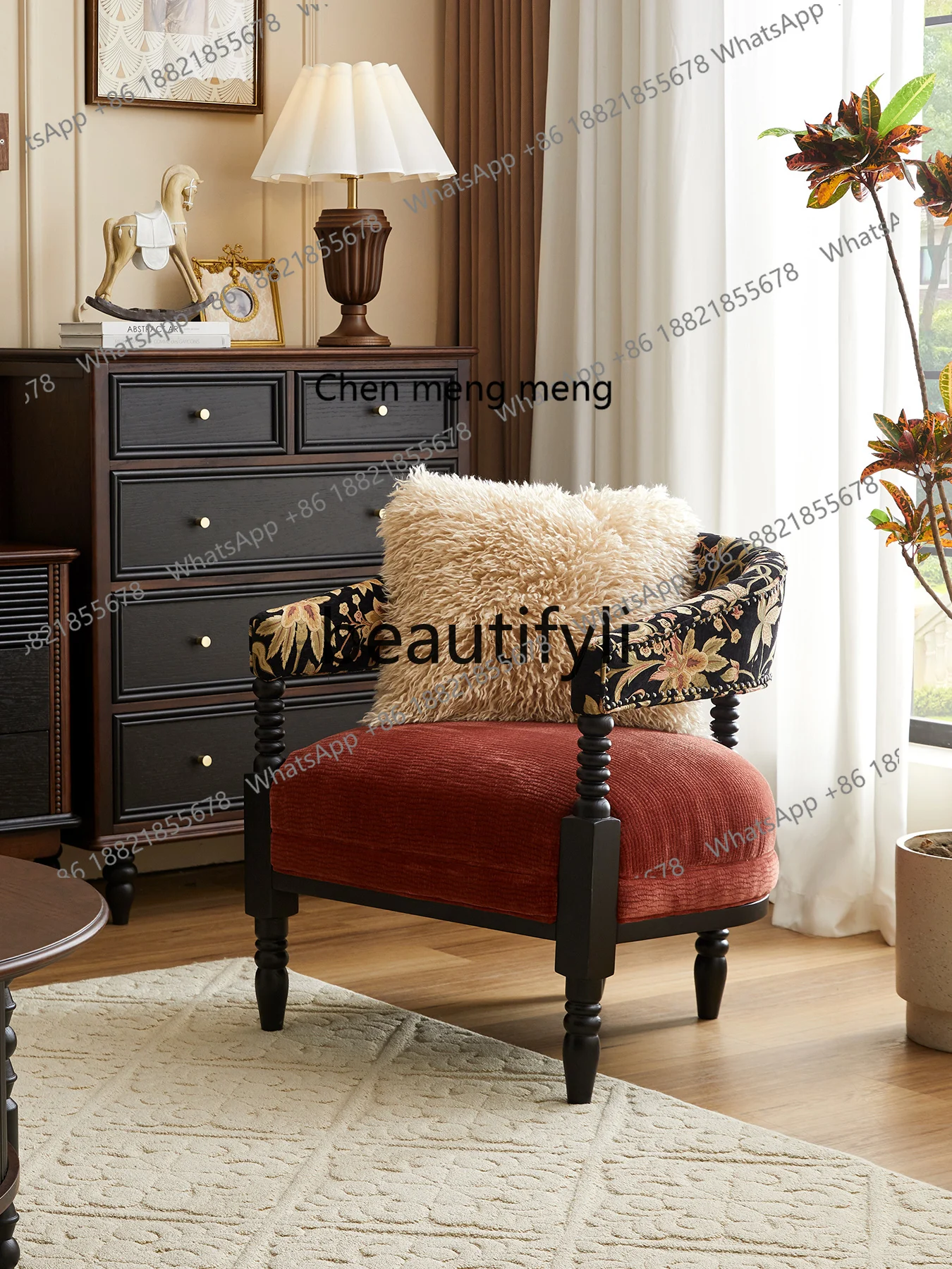 French retro solid wood single sofa chair small apartment medieval living room balcony bedroom fabric red leisure chair