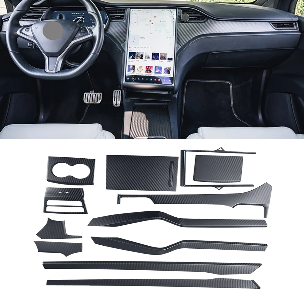 12pcs Matte Carbon Interior Accessories Center Console Dashboard Kits Door Panels For Tesla Model X 2016-2022