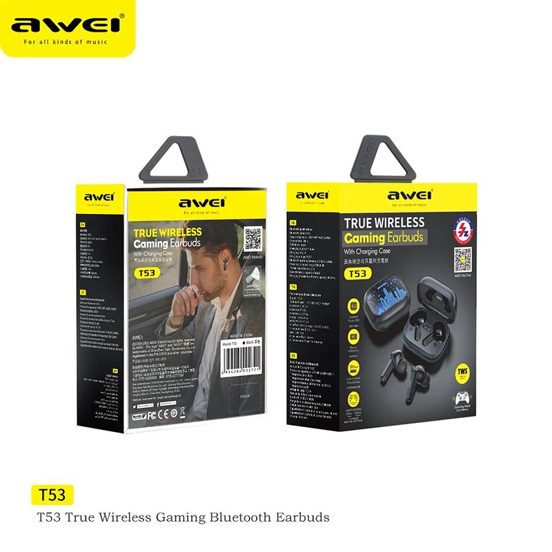 Awei T53 TWS หูฟังไร้สายบลูทูธ5.3สีสันเกมหูฟังลดเสียงรบกวนหูฟังสำหรับ Xiaomi Samsung