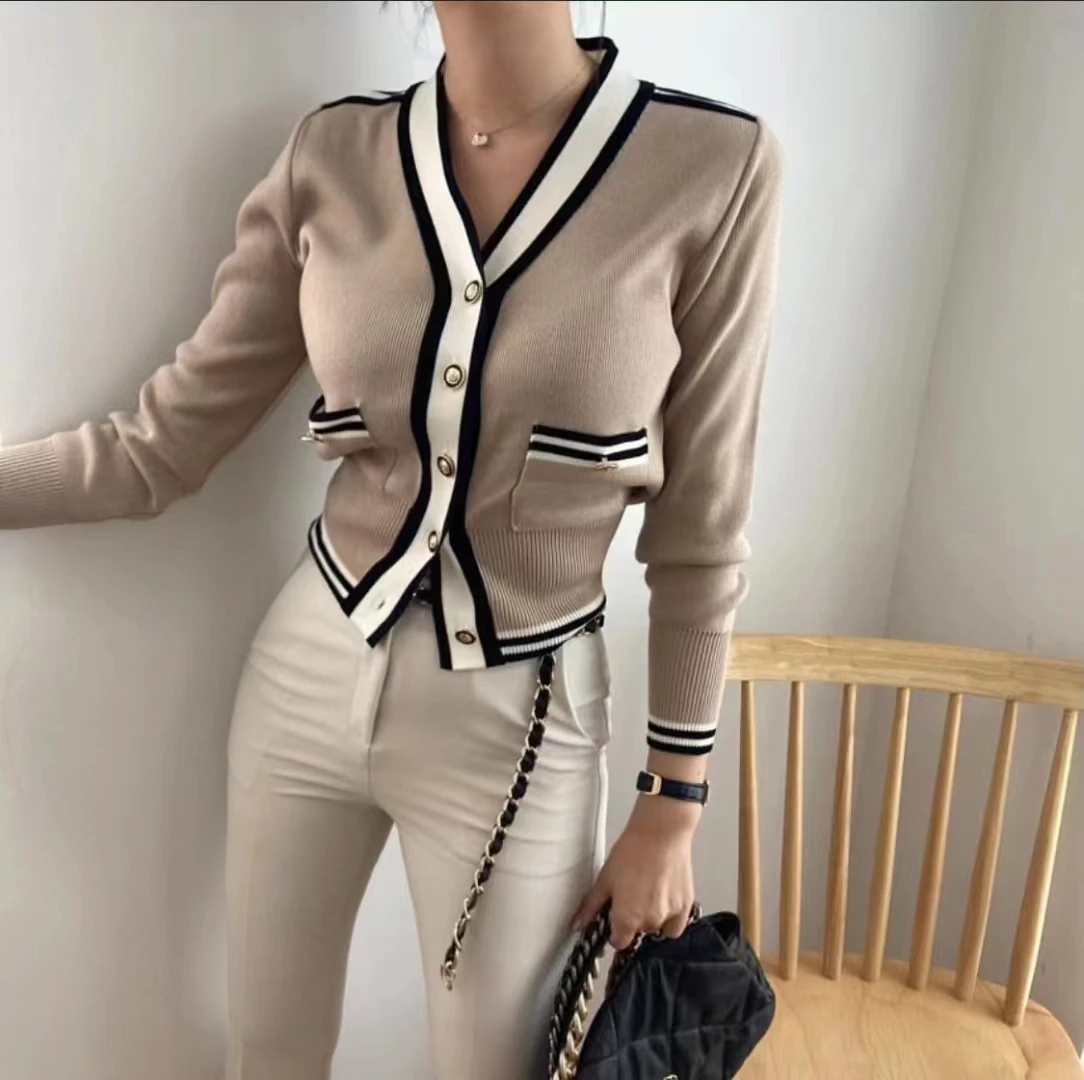 2023 New Fall Winter European Clothes Cardigan Knitted Sweater Chic Sexy Striped Button Up Women Long Sleeve Casual Tops 311003