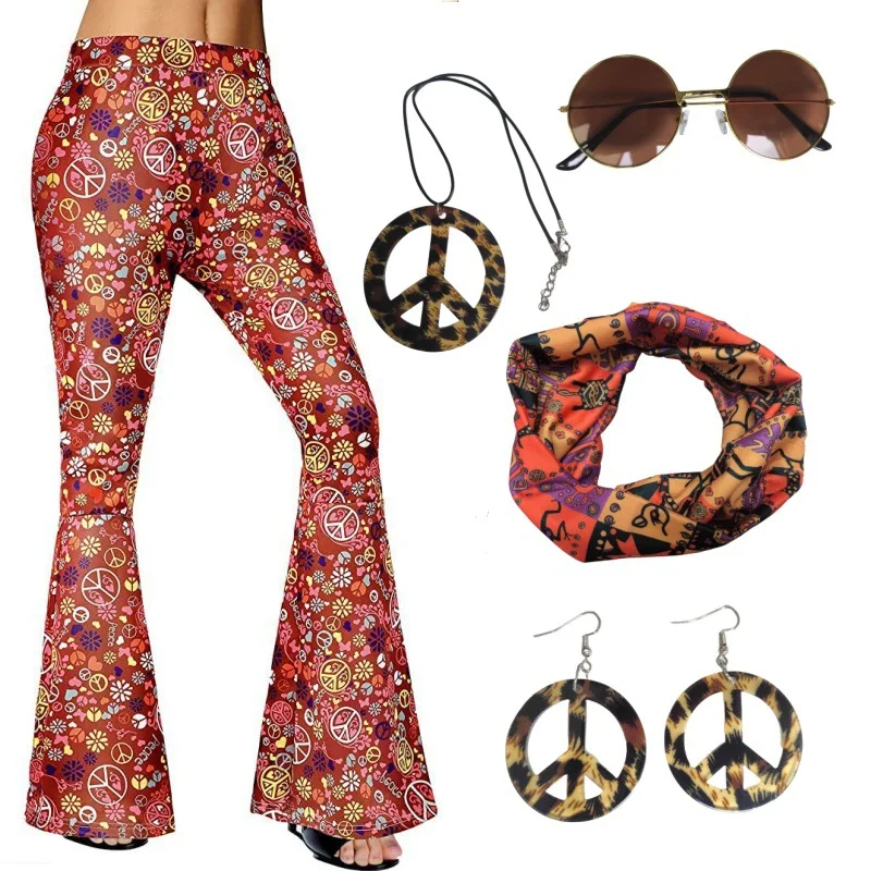 90er Jahre Damen Hippie Kostüm Mode weites Bein ausgestellte Hosen Halloween Cosplay bedruckte Hose fünfteilige Disco Kleidung Accessoires