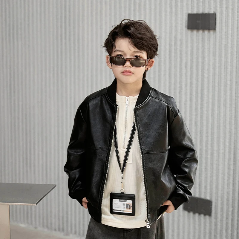 Boys Motorcycle Faux Leather Jacket Biker Style Spring Autumn Cool Handsome Kids Outerwear Trendy Boys Jacket