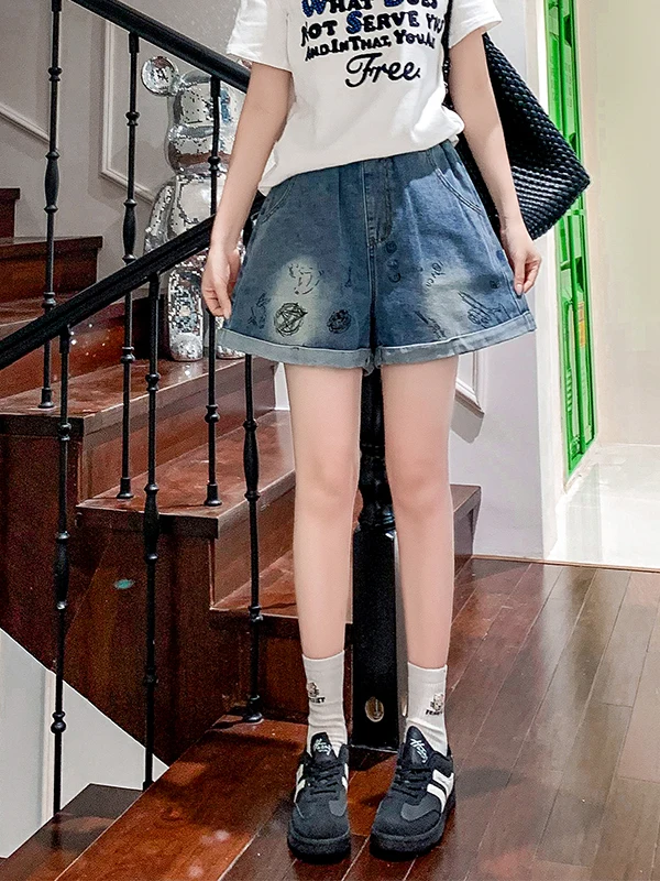 High Waist Wide Leg Jeans Shorts plus Size Women's Loose Fit Printed Pattern Denim Flattering for plus Size Ladies Casual Wear