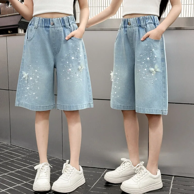 New Summer Girls Denim Shorts Thin Bling Butterfly Rhinestone Five Point Capri Pants 4-14Y Casual Elastic Waist Teens Kids Pants