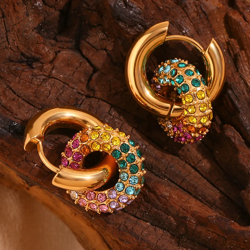 

Stainless Steel Paving Colorful Zircon Circle Earrings Simple Golden Texture Waterproof Jewelry Gift