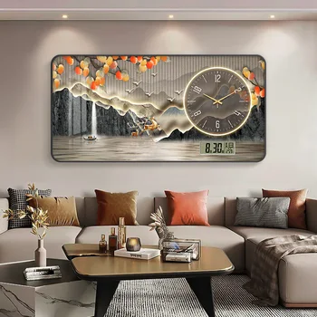 Perpetual calendar landscape decorative painting restaurant new Chinese clock hanging painting living room home clock wall