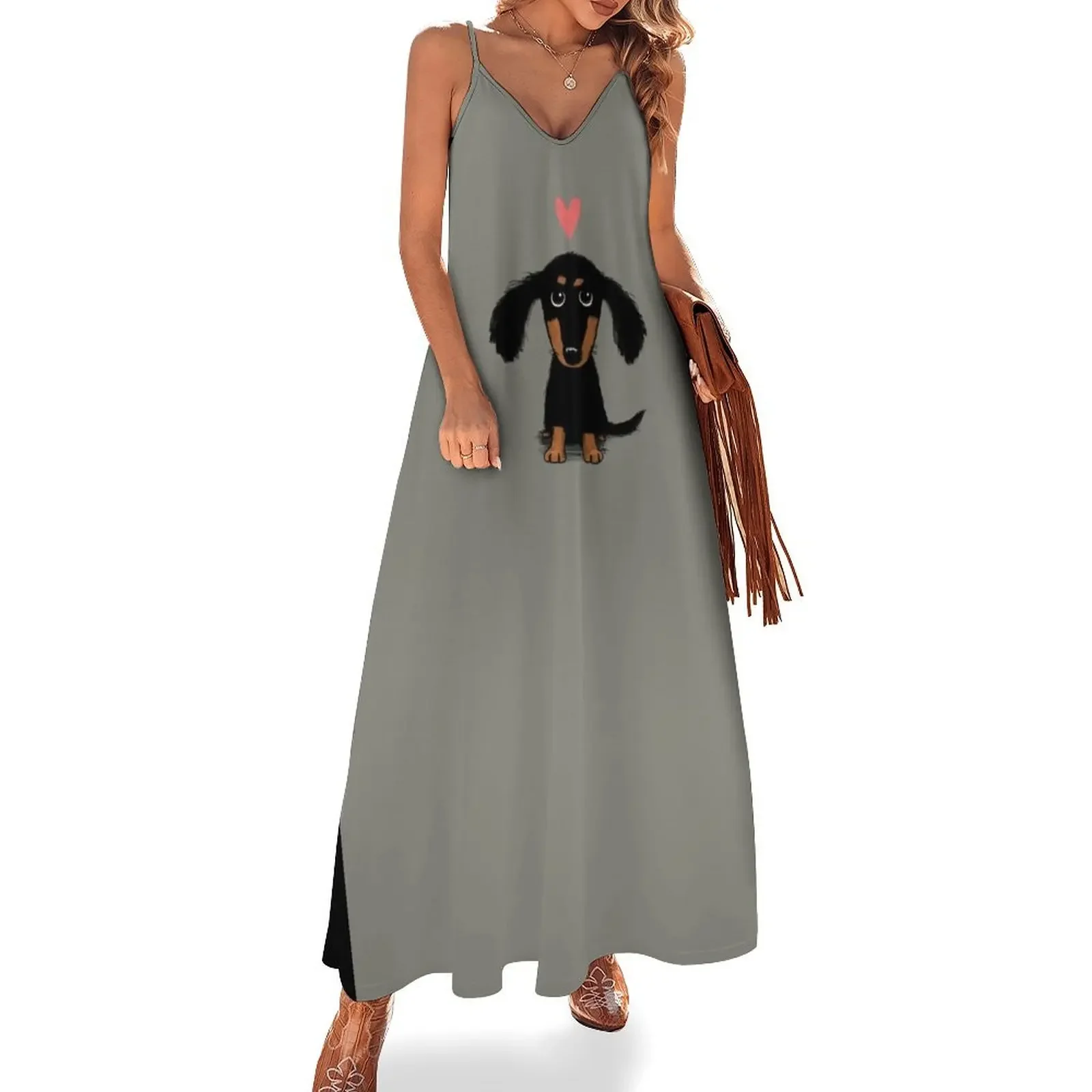 

Dachshund Puppy Love Cute Black and Tan Wiener Dog with Heart Sleeveless Dress Women's long dress women's fashion dresses