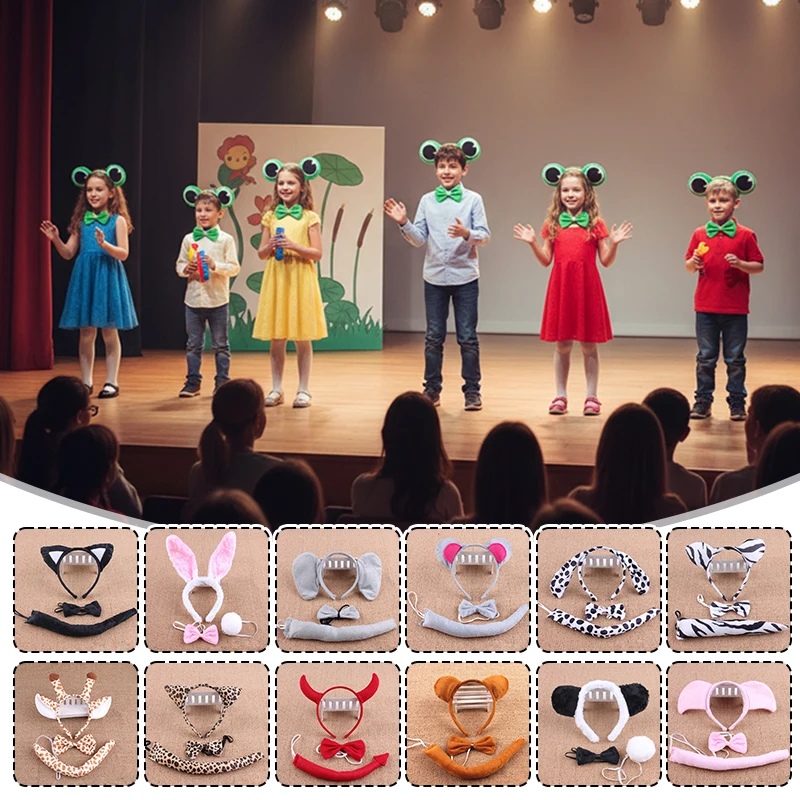 Anime Cute Animal Dress Cosplay Prop Frog Tiger Mouse Monkey Costumes Accessory Bow Tie Tail Headband Cartoon Animal Headwear