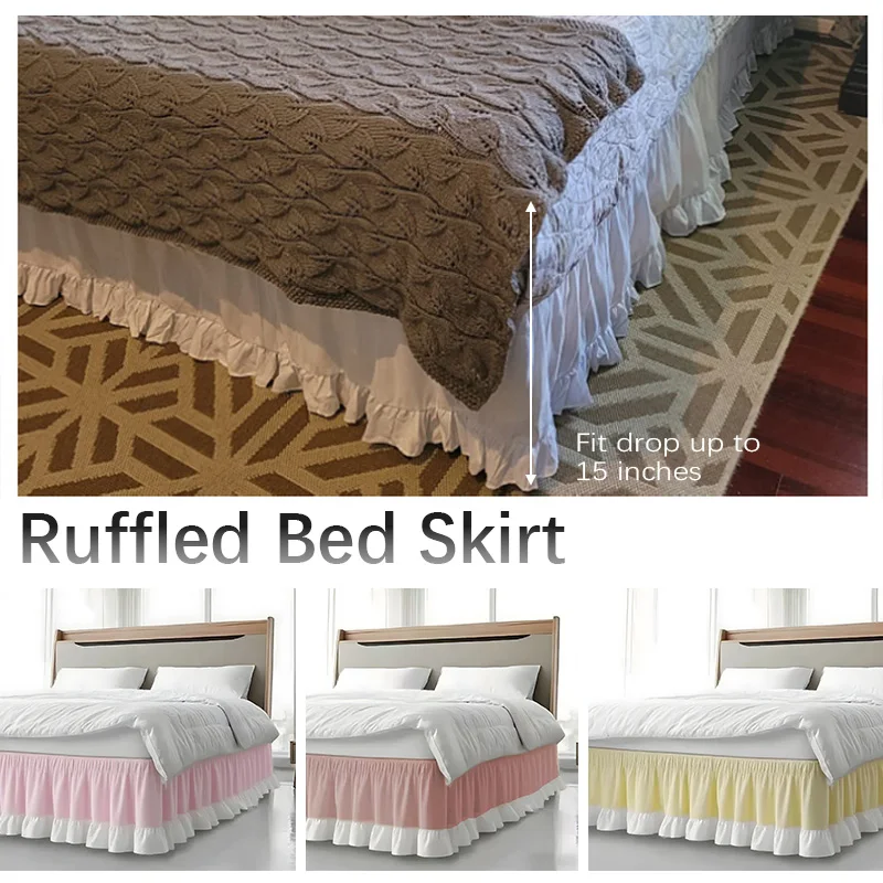 Elastic White Ruffled Bed Skirt Wrinkle Fade Resistant Fabric Removable Washable Bed Accessory for Queen & King Size Home Hotel