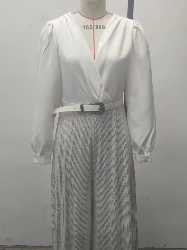 Mono para mujer, camisa de manga larga con cuello en V a la moda con temperamento elegante, cintura delgada y pantalones de pierna ancha con lentejuelas, otoño 2024