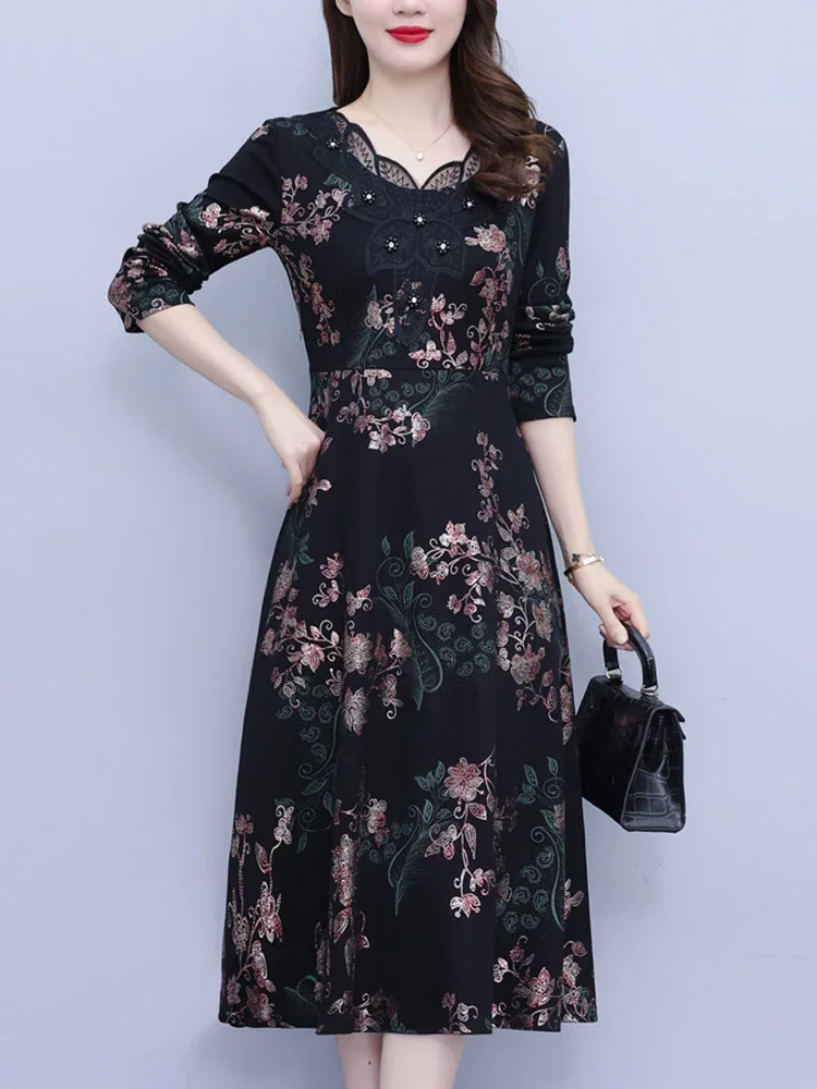 Autumn Winter Vintage Black Print Chic Prom Dress Women Elegant Luxury Night Midi Vestidos 2024 Plus Velvet Bodycon Party Dress