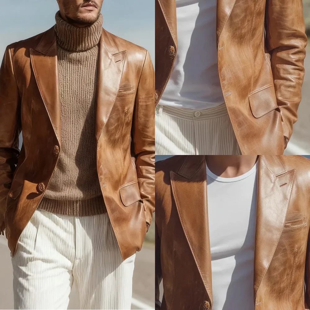 

Cool Leather Men Banquet Jacket Peaked Lapel Groom Wear Wedding Tuxedos Wear One Piece Business Birthday Party Customized