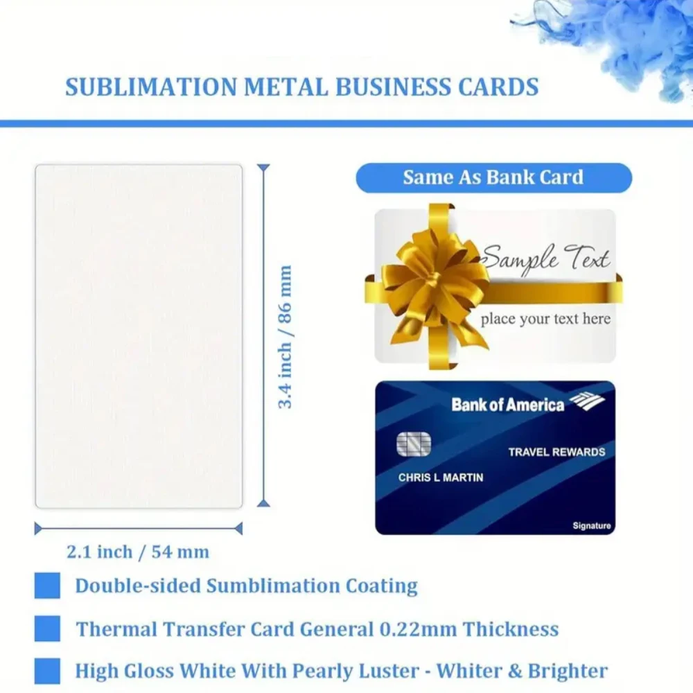 50Pcs Double-Sided Sublimation Metal White Business Cards Blank 0.22mm Thickness Aluminum Printable Name Card for Custom DIY
