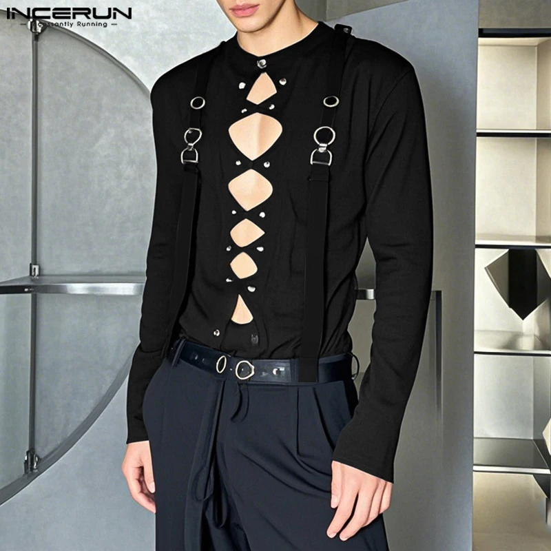 

INCERUN Tops 2025 American Style Fashion Men's Cross Design Metal Buckle T-shirts Casual Streetwear Solid Long Sleeved Camiseta