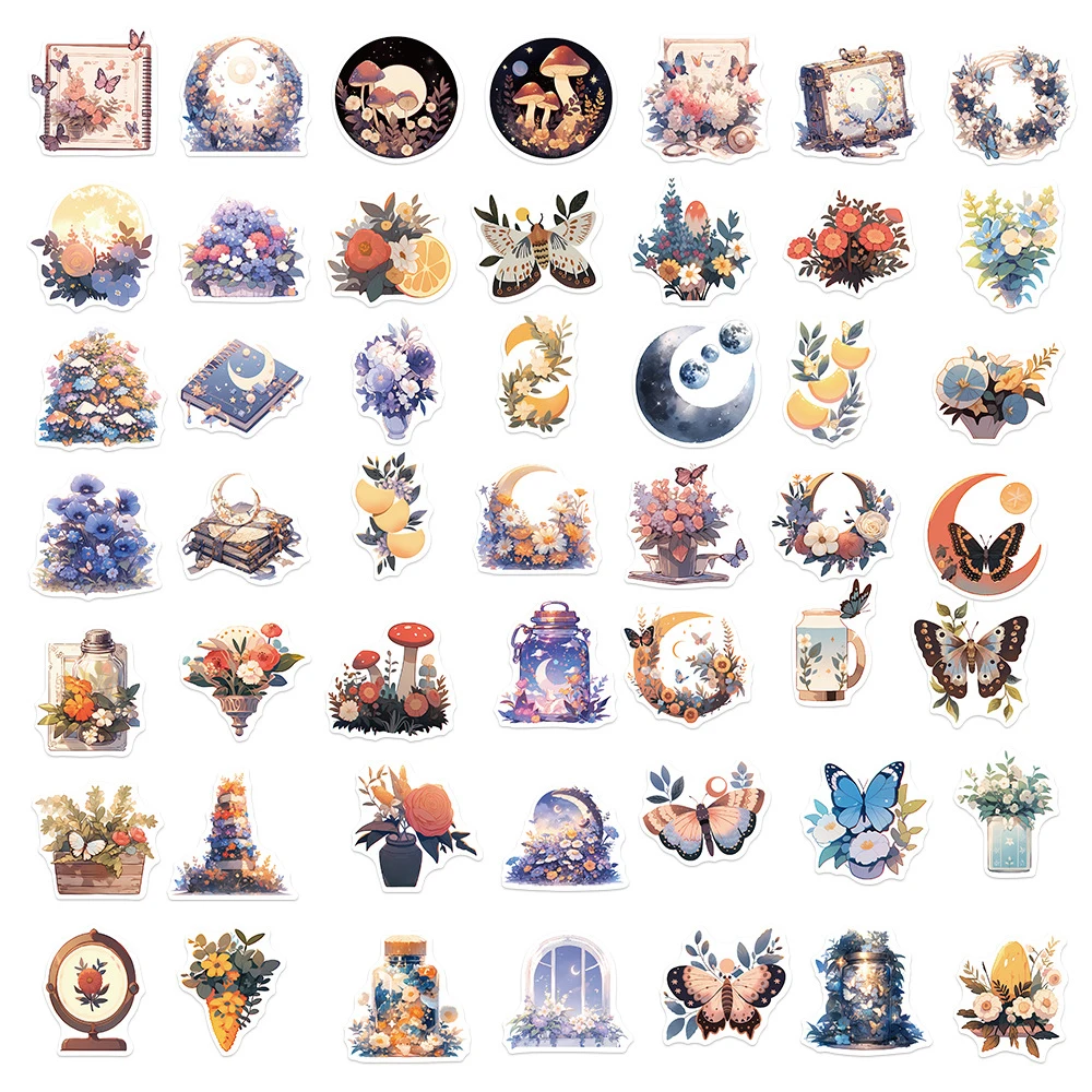 10/30/50 قطعة الرجعية غامضة القمر زهرة ملصقات الشارات الجمالية ل لوح التزلج الهاتف المحمول حقيبة DIY بها بنفسك الكرتون ملصق حزمة