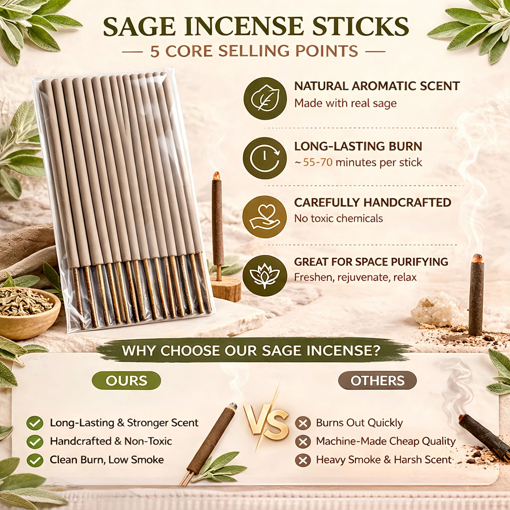 10/20/30Pcs Extra-Large 27cm Sage Incense Sticks, Handmade with Natural Herbal Scents, Perfect for Meditation, Yoga, and Relaxation Perfect for Indoor and Outdoor Use, It Makes a Great Holiday Gift.