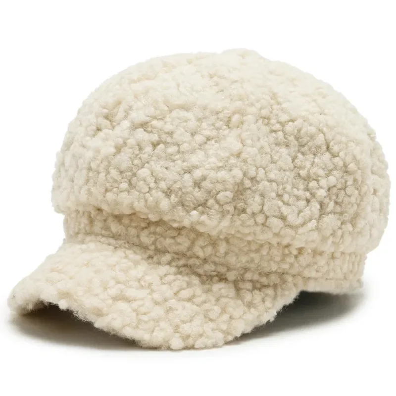 Autumn and Winter Lamb Wool Warm Octagonal Hats Fashion Artist Hats Solid White Paired Beret Gorros Invierno Mujer Chapeau Femme